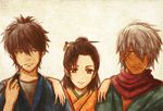  2boys bad_id bad_pixiv_id black_hair brown_eyes brown_hair dark_skin doromizu_jirochou gintama hair_bun hair_ornament hair_stick hands_on_shoulders japanese_clothes kimono mikajiajia multiple_boys otose scar scarf smile terada_tatsugorou white_hair younger 