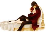  1girl aragaki_shinjirou beanie bed blush brown_eyes brown_hair couple female_protagonist_(persona_3) hat hetero hug kneehighs navel no_shoes on_bed persona persona_3 persona_3_portable red_hair school_uniform short_hair simple_background sitting socks trench_coat white_legwear 