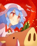  &gt;:) 1girl 60mai bangs blue_hair blush boar brooch commentary_request dress fang_out happy_new_year hat hat_ribbon jewelry mob_cap new_year pink_dress pink_hat red_background red_eyes red_ribbon remilia_scarlet ribbon short_hair sketch solo touhou upper_body v-shaped_eyebrows 