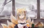  animal_ear_fluff animal_ears bare_shoulders fox_ears green_eyes japanese_clothes long_hair mon-musu_quest! monster_girl multiple_tails one_eye_closed red_ribbon ribbon smile snow solo tail tamamo_(mon-musu_quest!) tattoo un_do 