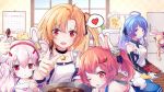  5girls ahoge animal_ears apron azur_lane bailey_(azur_lane) blonde_hair blue_hair bunny_ears carrot_hair_ornament character_request chocolate chocolate_making choker cleveland_(azur_lane) collarbone commentary english_commentary eyebrows_visible_through_hair fake_animal_ears fang food_themed_hair_ornament frilled_apron frills hair_ornament hairband heart helena_(azur_lane) highres ioniccrystal kitchen laffey_(azur_lane) lavender_hair long_hair looking_at_viewer medium_hair mixing_bowl multiple_girls one_side_up open_mouth orange_hair purple_eyes red_eyes refrigerator side_ponytail smile spoken_heart star star_choker twintails valentine window 