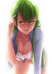  aconitea bad_id bad_pixiv_id bra breasts c.c. cleavage code_geass dress_shirt geass green_hair hair_behind_ear jewelry lace lace-trimmed_bra large_breasts leaning_forward lingerie necklace no_panties shirt underwear yellow_eyes 