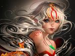  amaterasu animal_ears banned_artist bare_shoulders blue_eyes deviantart_sample facial_mark fangs fire flame image_sample jewelry lips necklace ookami_(game) personification sakimichan solo upper_body watermark web_address white_hair 