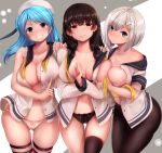  3girls black_hair black_legwear black_panties blue_eyes blue_hair blush breasts cleavage clenched_hands collarbone double_bun grin hair_ornament hair_over_one_eye hairclip hamakaze_(kantai_collection) hands_on_another&#039;s_shoulders hat highres isokaze_(kantai_collection) kantai_collection large_breasts long_hair looking_at_viewer multiple_girls navel nicoby open_clothes panties pantyhose red_eyes school_uniform serafuku silver_hair sleeves_rolled_up smile thigh_strap underwear urakaze_(kantai_collection) white_hair white_hat white_panties 