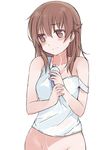  bad_id bad_pixiv_id blush bottomless breasts brown_eyes brown_hair cleavage collarbone groin hair_ornament hairclip highres kyouno_madoka long_hair looking_away lotion mizuki_(koko_lost) rinne_no_lagrange simple_background small_breasts smile solo strap_slip sunscreen tank_top white_background 