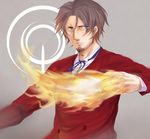  asuka_(ppppink8) blue_eyes brown_hair burning_hand command_spell facial_hair fate/zero fate_(series) formal goatee male_focus ribbon solo suit toosaka_tokiomi 