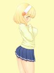  blonde_hair breasts hairband kabocha_head kise_yayoi large_breasts looking_at_viewer nanairogaoka_middle_school_uniform open_mouth precure school_uniform simple_background skirt smile_precure! solo sweater white_hairband yellow_eyes 