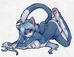  anthro ass_up blue_fur blush breasts cat feline female fur lying mammal nipples on_front one_eye_closed panties panties_down purple_eyes solo tongue tongue_out underwear vikna wink 