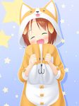  ^_^ ^o^ animal_costume animal_ears brown_hair closed_eyes dog_costume dog_ears fang highres inuarashi meiko_(inuarashi) original pillow smile star starry_background 