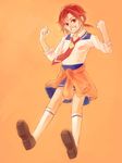  clenched_hands clothes_around_waist full_body grin hair_ornament hairclip hino_akane_(smile_precure!) kneehighs kotaro-nosuke loafers nanairogaoka_middle_school_uniform necktie orange_(color) orange_background precure red_eyes red_hair school_uniform shoes short_hair skirt sleeves_rolled_up smile smile_precure! solo sweater sweater_around_waist 
