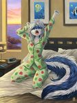  bed blue_fur eyes_closed female fur kacey mammal open_mouth pajamas pyjamas skunk solo stretching taki yawn 