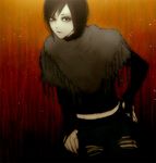  androgynous black_eyes black_hair eyeshadow fringe looking_at_viewer makeup midriff niconicozombie solo torn_clothes 