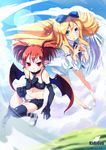  :q blonde_hair blue_eyes boots bow choker demon_girl demon_wings detached_sleeves disgaea earrings elbow_gloves etna flonne gloves hair_bow highres jewelry kabigon long_hair multiple_girls petals pointy_ears red_eyes red_hair short_hair short_shorts short_twintails shorts slit_pupils smile tongue tongue_out twintails wings 