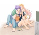  2girls banned_artist bare_shoulders barefoot blonde_hair blue_eyes casual cheek_licking closed_eyes controller face_licking feet girl_sandwich green_hair gumi hug kamui_gakupo licking lily_(vocaloid) long_hair multiple_girls nacht ponytail purple_hair remote_control rin_no_youchuu sandwiched short_hair shorts sitting tank_top vocaloid 