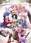  blue_eyes blue_hair book can cosplay dual_persona fisheye glasses green_eyes grin guitar_case highres hiiragi_kagami hiiragi_tsukasa instrument_case izumi_konata long_hair lucky_star manga_(object) meta mole mole_under_eye multiple_girls nyanmilla pink_hair purple_eyes purple_hair short_hair smile soda_can sword takara_miyuki trembling weapon 