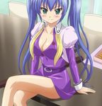  1girl blue_hair breasts green_eyes kuroki_kurumi r-15 school_uniform screencap sitting solo twintail twintails 