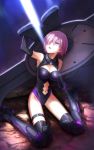  1girl absurdres armpits black_gloves black_legwear black_leotard breasts cleavage cleavage_cutout elbow_gloves fate/grand_order fate_(series) full_body gloves hair_over_one_eye highres holding_shield leotard looking_up mash_kyrielight medium_breasts midriff navel navel_cutout open_mouth outdoors pink_hair purple_eyes shield shiny shiny_clothes sitting solo stomach thigh_strap thighhighs tuchinokoeffect wariza 
