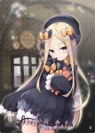  1girl :o abigail_williams_(fate/grand_order) architecture bangs bankoku_ayuya black_bow black_dress black_hat black_ribbon blonde_hair bloomers blue_eyes blush bow commentary_request contrapposto cowboy_shot doll_hug dress eyebrows_visible_through_hair fate/grand_order fate_(series) forehead frills hair_bow hat long_hair long_sleeves looking_at_viewer orange_bow parted_bangs parted_lips ribbon sidelocks sleeves_past_fingers sleeves_past_wrists solo standing star star_print stuffed_animal stuffed_toy teddy_bear underwear window 