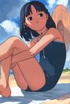  bare_legs bare_shoulders beach black_eyes black_hair braid cloud day hat highres leg_hug one-piece_swimsuit original outdoors parted_lips school_swimsuit sitting sky solo sun_hat swimsuit takamichi twin_braids 