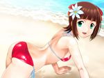  all_fours amami_haruka aqua_eyes ass beach bikini bow breasts brown_hair flower hair_bow hair_flower hair_ornament idolmaster idolmaster_(classic) lens_flare looking_at_viewer looking_back muhi11234 open_mouth red_bikini shiny shiny_skin short_hair sideboob small_breasts smile solo swimsuit 
