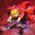  blonde_hair blue_eyes boots cargo_pants claws gunji highres hood hoodie jacket lira_mist male_focus pants red_jacket solo squatting togainu_no_chi 