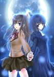  aozaki_aoko bad_id bad_pixiv_id blue_eyes blue_hair brown_hair chize dancing full_moon hair_intakes holding_hands kuonji_alice long_hair mahou_tsukai_no_yoru moon multiple_girls school_uniform short_hair 