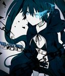  bikini_top black_hair black_rock_shooter black_rock_shooter_(character) blue_eyes burning_eye chain coat glowing komine long_hair midriff navel shorts solo twintails 