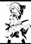  ascot greyscale hair_ribbon jitome katana kneehighs konpaku_youmu letterboxed looking_at_viewer monochrome one_eye_closed outstretched_arms oyu_(sijimisizimi) ribbon shirt short_hair skirt skirt_set solo sword touhou weapon wind 