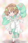  absurdres apron brown_eyes brown_hair foreshortening hanasaku_iroha highres japanese_clothes kanon_(kurogane_knights) kimono matsumae_ohana sandals short_hair socks solo 