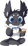  ambiguous_gender bandanna big_eyes black_nose blue_eyes choker chopsticks crosslegged cute eating food happycrumble looking_at_viewer plain_background solo sushi transparent_background unknown_species 