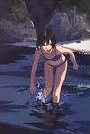  :d bare_shoulders beach bent_over bikini black_eyes black_hair blue_bikini highres looking_at_viewer navel open_mouth original short_hair smile solo swimsuit takamichi wading 