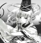  gesture hat japanese_clothes kariginu long_hair looking_at_viewer miyuki_ruria monochrome mononobe_no_futo ponytail sky smile solo tate_eboshi touhou upper_body 