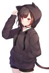  1girl absurdres animal_ears animal_hood bang_dream! bangs black_choker black_hair black_hoodie black_shorts blush cat_hood cat_tail choker closed_mouth cowboy_shot drawstring eyebrows_visible_through_hair fake_animal_ears frown hand_in_pocket hand_up highres hood hoodie ion_(on01e) light_particles lock long_sleeves looking_at_viewer mitake_ran multicolored_hair padlock red_eyes red_hair shiny shiny_hair short_hair short_shorts shorts simple_background sleeves_past_wrists solo standing streaked_hair tail v-shaped_eyebrows white_background 