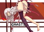  analog_kenshi_(moto) ass asymmetrical_clothes barefoot bent_over black_legwear covering covering_crotch fang feet fire ghast highres hood legs long_hair looking_back minecraft no_panties open_mouth personification red_eyes ribbon shoes silver_hair simple_background single_shoe single_thighhigh solo thighhighs typo white_hair 