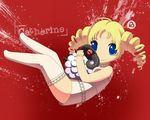  bad_id bad_pixiv_id blonde_hair blue_eyes catherine catherine_(game) chibi drill_hair no_nose red_background sheep smile solo thighhighs twin_drills twintails 
