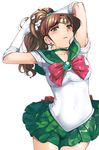  armpits arms_up back_bow bishoujo_senshi_sailor_moon blush bow brown_hair choker cover cover_page doujin_cover dress earrings elbow_gloves gloves green_choker green_eyes green_sailor_collar green_skirt jewelry kino_makoto long_hair magical_girl mr.lostman pink_bow ponytail sailor_collar sailor_dress sailor_jupiter sailor_senshi_uniform simple_background skirt solo tiara white_background white_gloves 