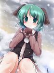  animal_ears blush brown_dress brown_gloves dress gloves green_eyes green_hair hands_on_own_chest highres kasodani_kyouko lzh md5_mismatch panties pantyshot pantyshot_(sitting) short_hair sitting sky smile snow snowing solo touhou underwear vest white_panties 