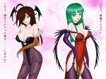  2girls capcom cosplay green_hair moaizmoai morrigan_aensland multiple_girls nyx queen&#039;s_blade queen's_blade translation_request vampire_(game) 