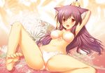  47agdragon animal_ears armpits arms_up bare_legs barefoot bdsm bikini blush bondage bound cat_ears feet front-tie_top long_hair open_mouth original purple_hair red_eyes solo spread_legs swimsuit toes very_long_hair wet 