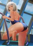  ass blue_swimsuit breasts climbing competition_swimsuit dark_skin day girls_frontline hair_ornament hairclip highres indoors large_breasts long_hair looking_at_viewer mossberg_m590_(girls_frontline) one-piece_swimsuit open_mouth pandea_work pool railing silver_hair sky solo swimsuit water water_drop window yellow_eyes 