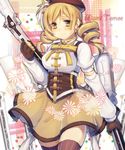  arm_up blonde_hair blush bow breasts brown_gloves corset drill_hair fingerless_gloves flower gloves gun hat large_breasts magical_girl mahou_shoujo_madoka_magica mika_(1020mk) rifle shirt skirt smile solo striped striped_legwear thighhighs tomoe_mami twin_drills twintails weapon yellow_eyes 