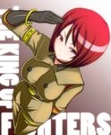  armlet bangle bracelet breasts jewelry large_breasts military military_uniform okyou purple_eyes red_hair salute short_hair solo the_king_of_fighters uniform whip_(kof) 