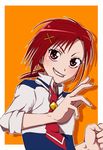  amawa_kazuhiro clenched_hand eyelashes fighting_stance grin hair_ornament hairclip highres hino_akane_(smile_precure!) nanairogaoka_middle_school_uniform necktie orange_background precure red_eyes red_hair school_uniform sleeves_rolled_up smile smile_precure! solo upper_body 