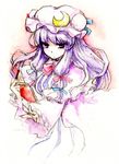  :&lt; book crescent hair_ribbon hat holding holding_book long_hair open_book outstretched_hand patchouli_knowledge purple_eyes purple_hair ribbon sakurai_haruto solo touhou 