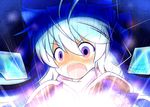  blue_hair bow cirno commentary_request hair_bow open_mouth scarf solo surprised touhou yurume_atsushi 
