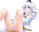  blue_eyes blush gisyo hat japanese_clothes kariginu lying mononobe_no_futo no_pants panties ponytail silver_hair skirt solo sweat tate_eboshi touhou underwear white_background white_panties wide_sleeves 