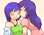  alice_ip blue_hair blush breasts cheek_kiss cleavage closed_eyes dance_dance_revolution dress earrings jewelry kiss long_hair multiple_girls necklace purple_eyes short_hair small_breasts souhara strapless strapless_dress toshiba_emi yuri 
