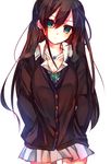  brown_hair cardigan earrings green_eyes idolmaster idolmaster_cinderella_girls jewelry long_hair necklace necktie school_uniform shibuya_rin shiroto_iku skirt solo very_long_hair 