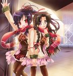  black_hair braid glasses highres holding_hands long_hair lucky_star multiple_girls nyanmilla ponytail purple_eyes red_eyes scarf shared_scarf tamura_hiyori thighhighs twin_braids wakase_izumi waving 