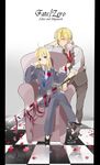  1girl ahoge artoria_pendragon_(all) bad_id bad_pixiv_id blonde_hair blue_eyes chair checkered checkered_floor corsage easy_chair fate/zero fate_(series) formal gilgamesh highres kurohal long_hair necktie necktie_grab neckwear_grab pant_suit petals pillarboxed ponytail red_eyes ribbon saber suit sword weapon 